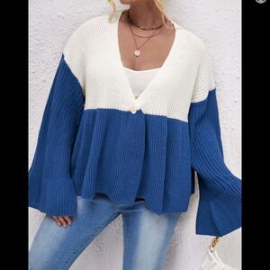Blue and White Women's Sweater Bell Sleeves